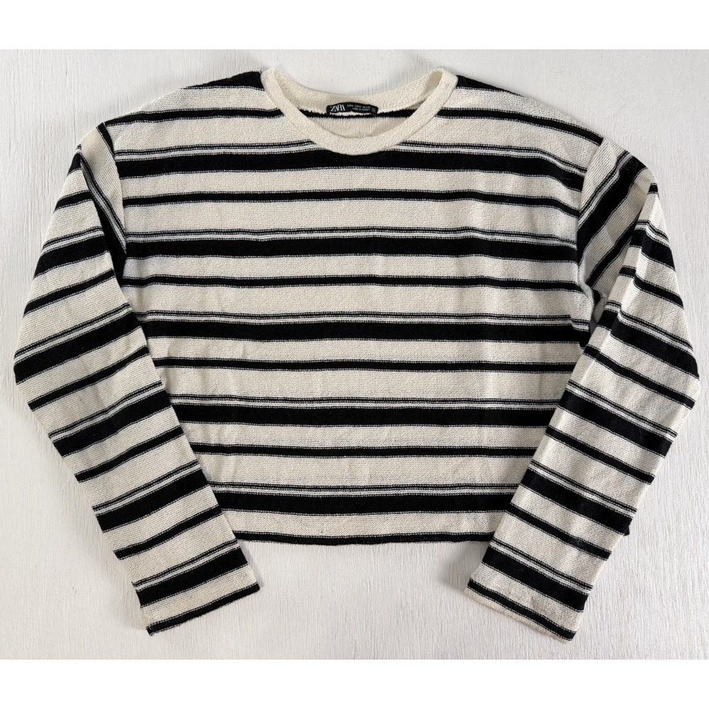 zara Black Cream striped long sleeve cropped knit sweater Light Weight Women's M